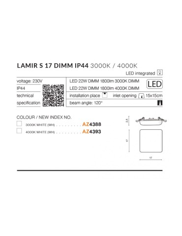 Azzardo LAMIR S17 LED IP44 22W 1800lm 4000K Ściemnialna Biały Wpuszczana AZ4393 - produkt 2