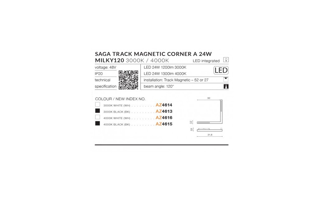 Azzardo SAGA TRACK MAGNETIC CORNER A 24W 1200lm 3000K Czarny AZ4613