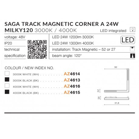 Azzardo SAGA TRACK MAGNETIC CORNER A 24W 1200lm 3000K Biały AZ4614