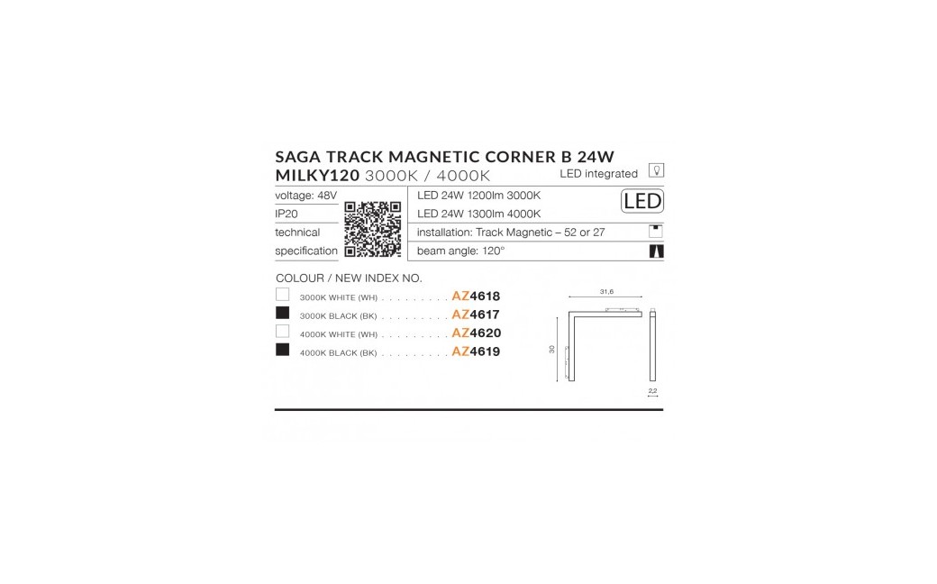 Azzardo SAGA TRACK MAGNETIC CORNER B 24W 1200lm 3000K Czarny AZ4617