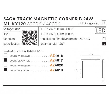 Azzardo SAGA TRACK MAGNETIC CORNER B 24W 1300lm 4000K Biały AZ4620