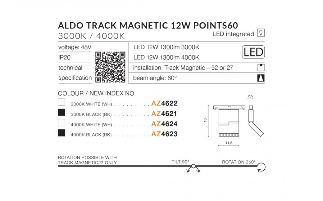 Azzardo ALDO POINTS TRACK MAGNETIC 12W 900lm 4000K Biały/Czarny Reflektor AZ4624