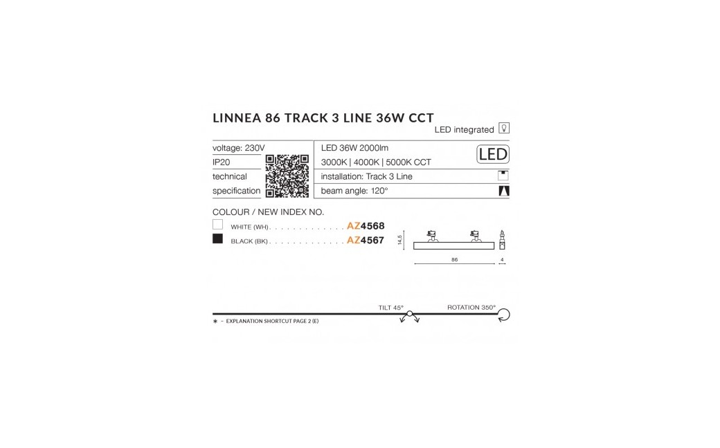 Azzardo LINNEA 86 TRACK 3 LINE CCT 36W 2000lm 3000K/4000K/5000K Czarny Reflektor do szynoprzewodu 3F AZ4567