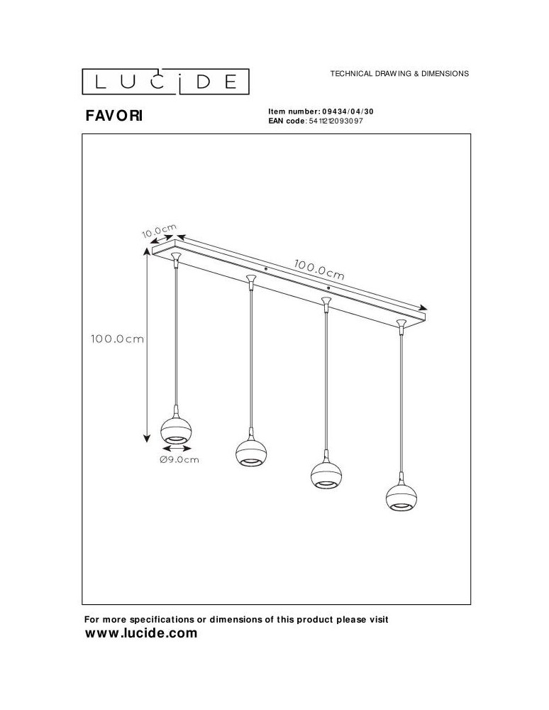 Pendant lamps on a strip - Lucide FAVORI Pendant GU10 4x5W Black/Matte Gold/Brass 09434/04/30 - product kolory-swiatla.pl 4