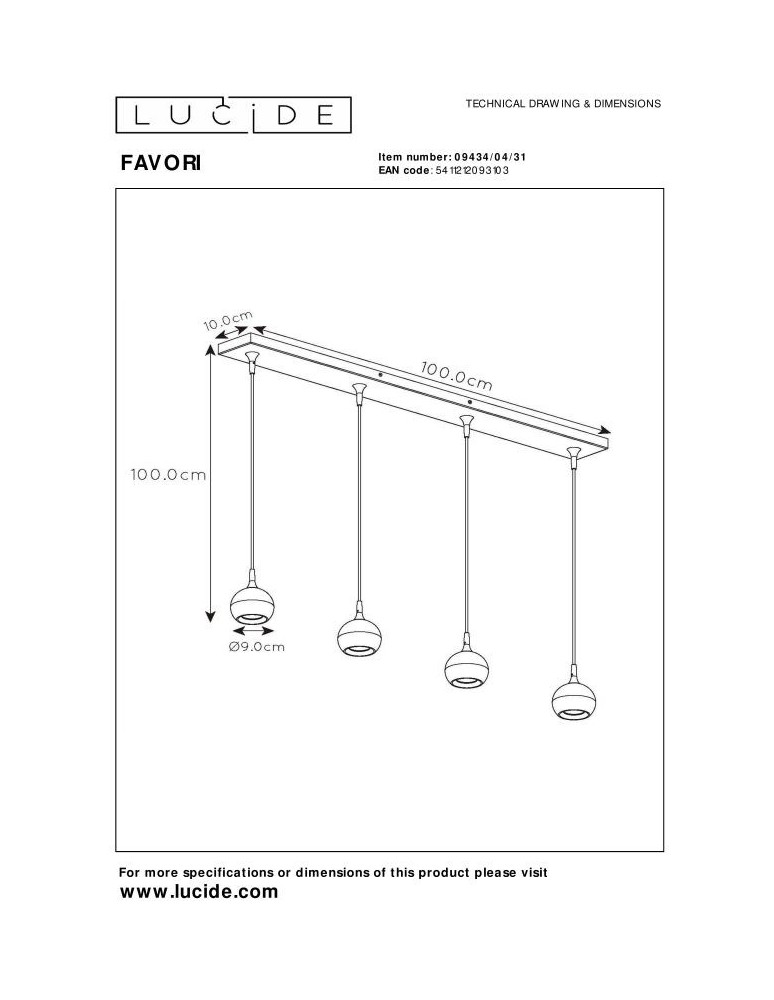Pendant lamps on a strip - Lucide FAVORI Pendant GU10 4x5W White/Matte Gold/Brass 09434/04/31 - product kolory-swiatla.pl 5