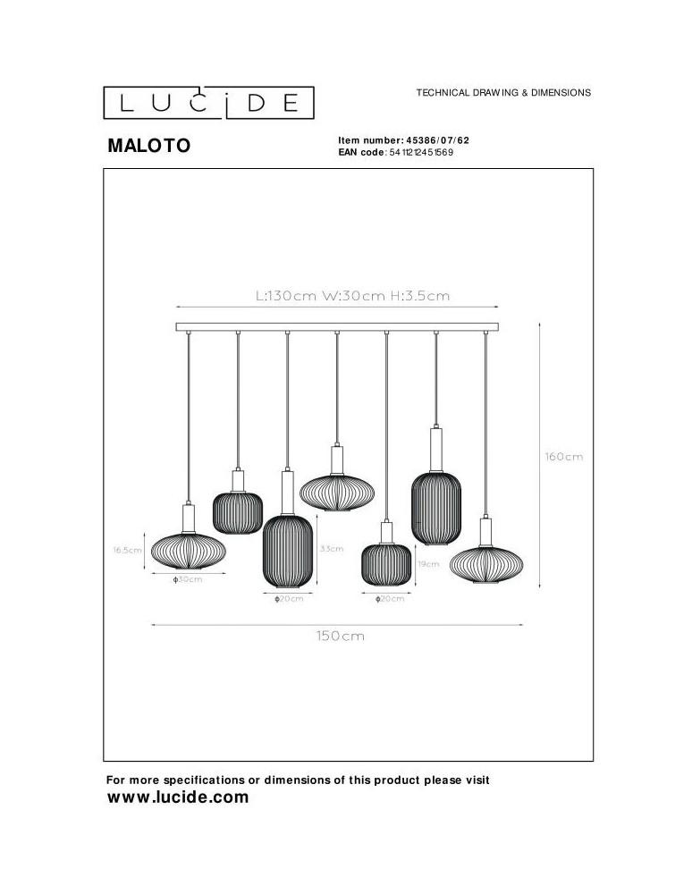 Pendant lamps - Lucide MALOTO Pendant E27 7x40W Amber/Matte Gold/Brass 45386/07/62 - product kolory-swiatla.pl 8