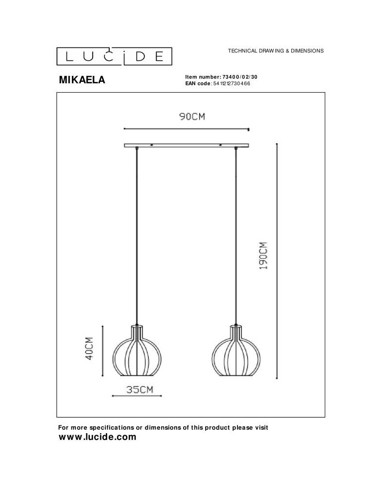 Double pendant lamps - Lucide MIKAELA Pendant E27 2x60W Black 73400/02/30 - product kolory-swiatla.pl 7
