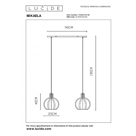 Lucide MIKAELA Wisząca E27 2x60W Czarny 73400/02/30