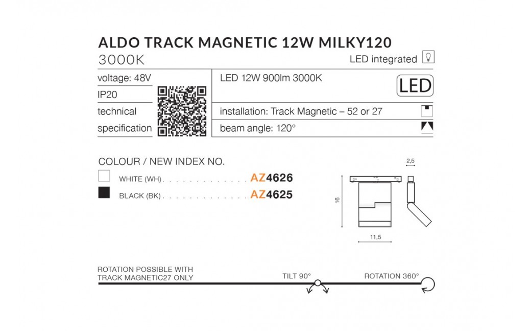 Azzardo ALDO TRACK MAGNETIC 12W 900lm 3000K Czarny Reflektor AZ4625