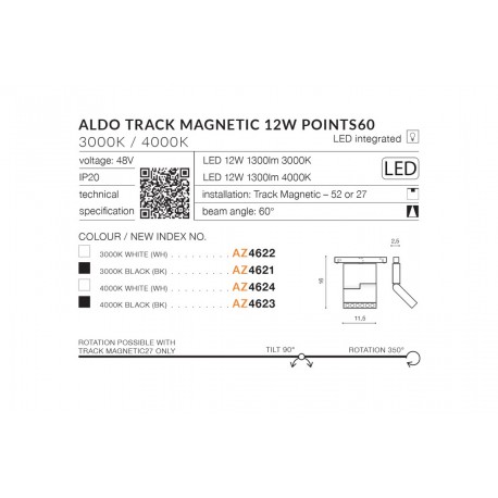 Azzardo ALDO POINTS TRACK MAGNETIC 12W 900lm 4000K Czarny Reflektor AZ4623