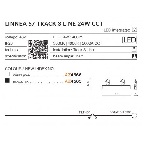 Azzardo LINNEA 57 TRACK 3 LINE CCT 24W 1400lm 3000K/4000K/5000K Biały Reflektor do szynoprzewodu 3F AZ4566