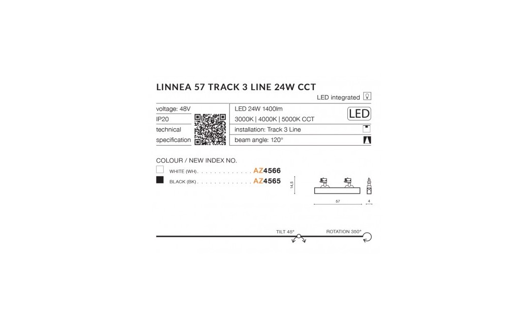 Azzardo LINNEA 57 TRACK 3 LINE CCT 24W 1400lm 3000K/4000K/5000K Biały Reflektor do szynoprzewodu 3F AZ4566