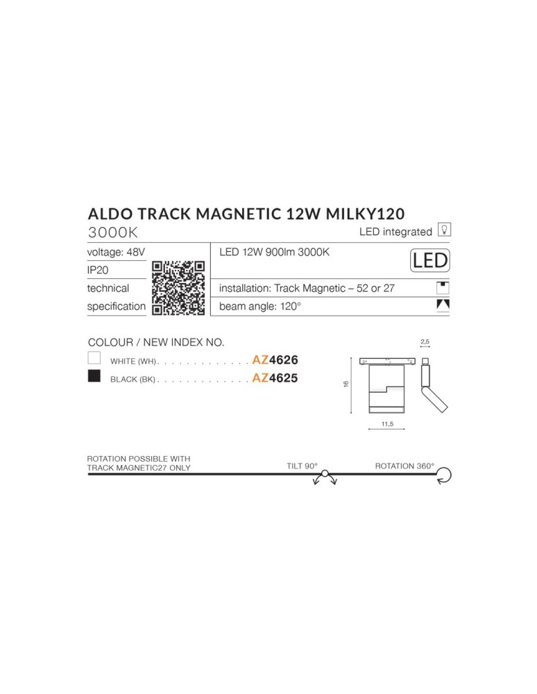 Magnetic rail lamps - Azzardo ALDO TRACK MAGNETIC 12W 900lm 3000K Black Spotlight AZ4625. - product kolory-swiatla.pl 12