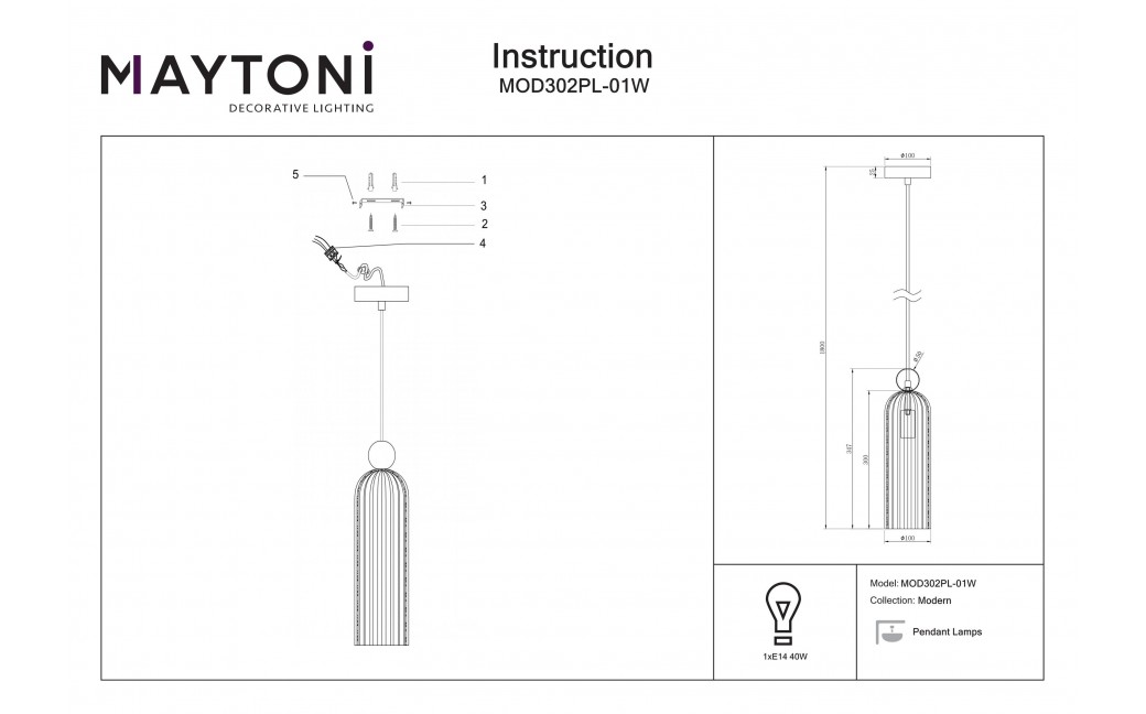 Maytoni Antic Wisząca E14 1x40W Biały MOD302PL-01W