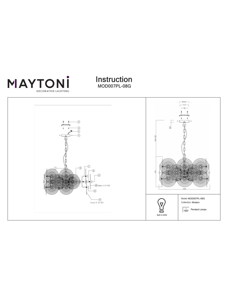 Pendant lamps - Maytoni Aster Pendant E14 8x40W Gold MOD007PL-08G - product kolory-swiatla.pl 4