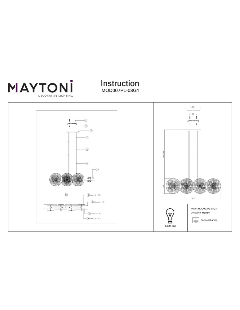 Pendant lamps - Maytoni Aster Pendant E14 8x40W Gold MOD007PL-08G1 - product kolory-swiatla.pl 4