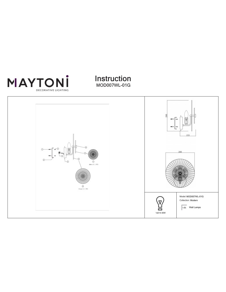 Designer wall lamps - Maytoni Aster Wall Mounted E14 1x40W Gold MOD007WL-01G - product kolory-swiatla.pl 7
