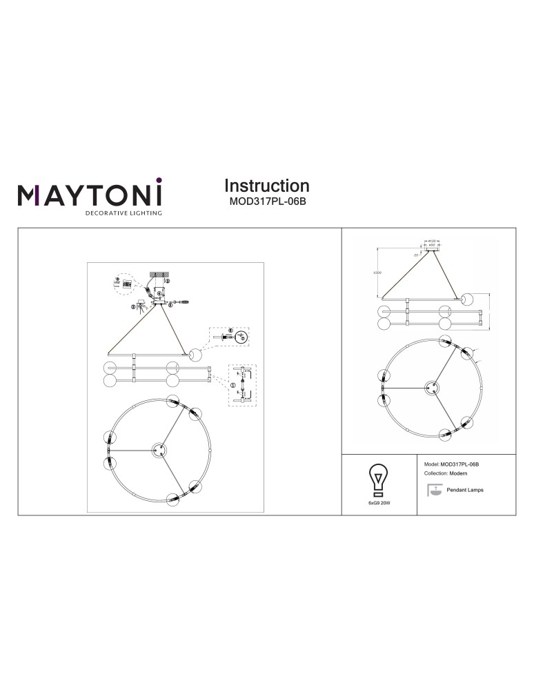 Pendant lamps - Maytoni Balance Pendant G9 6x40W Black MOD317PL-06B - product kolory-swiatla.pl 4