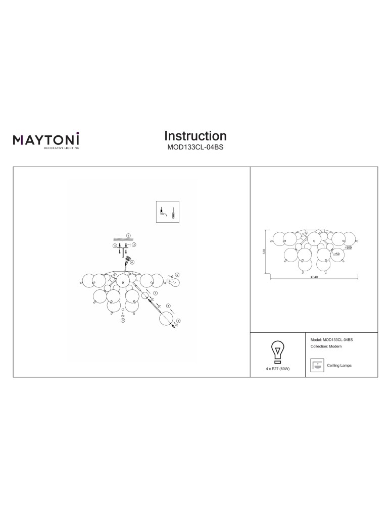 Ceiling lamps - Maytoni Bolla Ceiling E27 4x60W Brass MOD133CL-04BS - product kolory-swiatla.pl 4