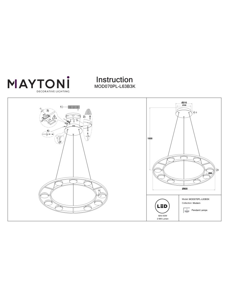 LED pendant lamps - Maytoni Fad LED Pendant 63.1W 3102K 2830lm Black MOD070PL-L63B3K - product kolory-swiatla.pl 6
