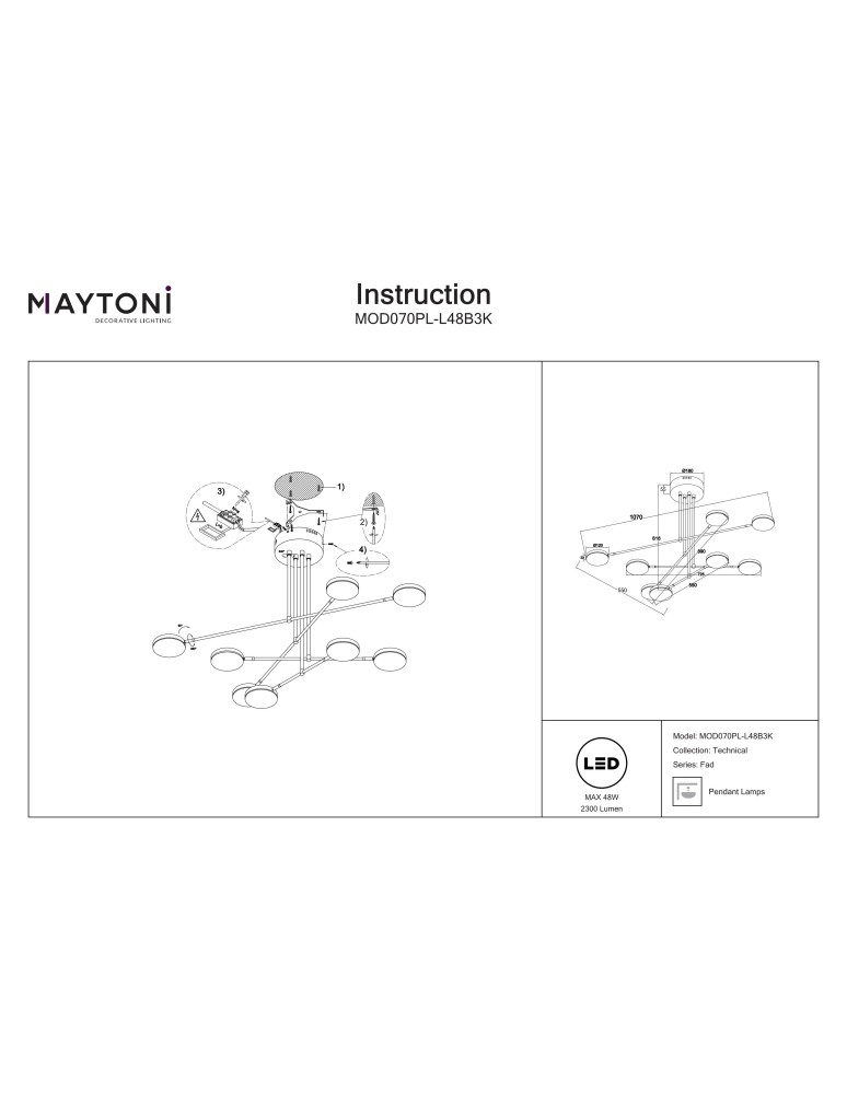 LED pendant lamps - Maytoni Fad LED Pendant 46.7W 2996K 2222lm Black MOD070PL-L48B3K - product kolory-swiatla.pl 6