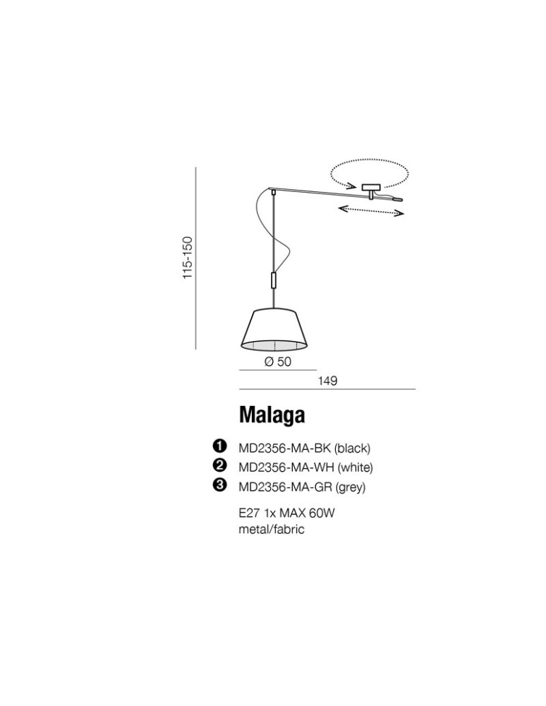 Pendant lamps with lampshade - AZzardo Malaga Pendant Grey 1xE27 MD2356-MA GR - product kolory-swiatla.pl 3