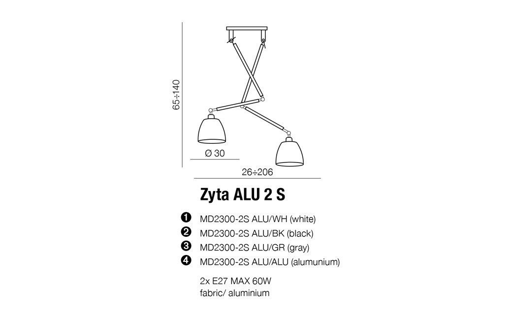 AZzardo ZYTA 2 S Pendant Alu/BK 2xE27 MD2300-2S Alu/BK
