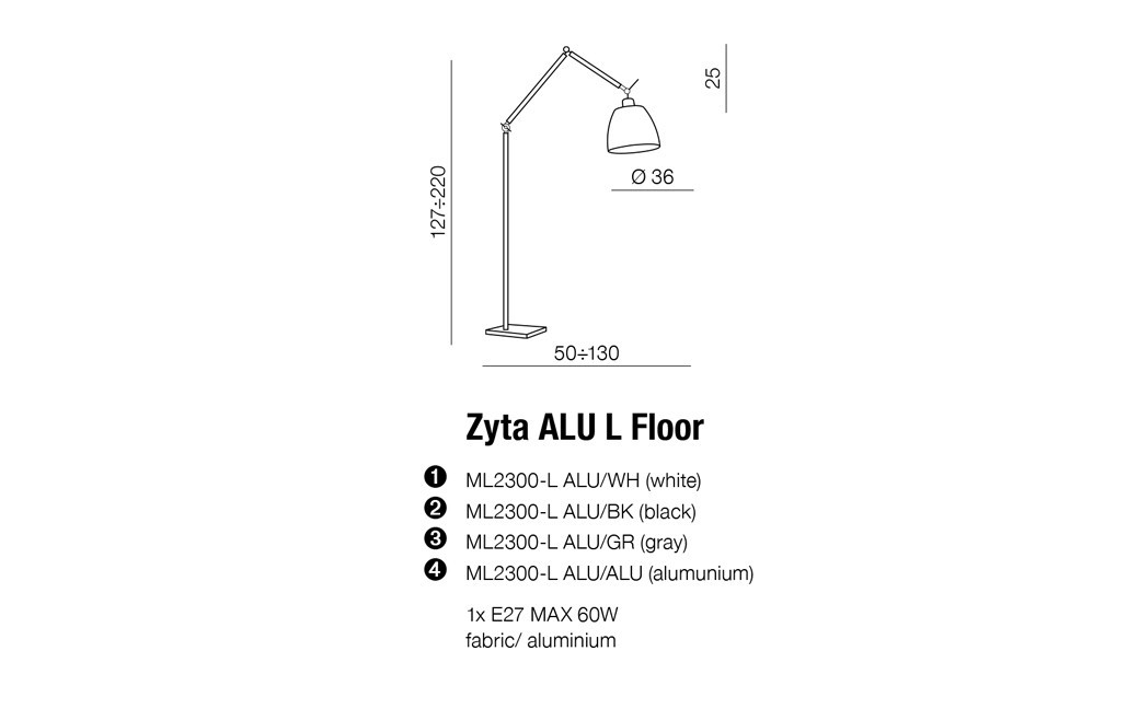 AZzardo ZYTA FLOOR Floor Alu/WH 1xE27 ML2300-L Alu/WH.