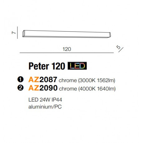 Azzardo PETER 120 4000 CHROME 1xLED Wall mounted chrome IP44 AZ2090