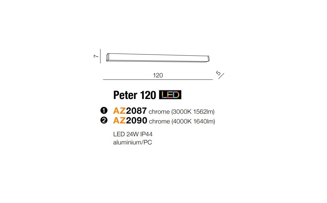 Azzardo PETER 120 4000 CHROME 1xLED Ścienna Chrom IP44 AZ2090