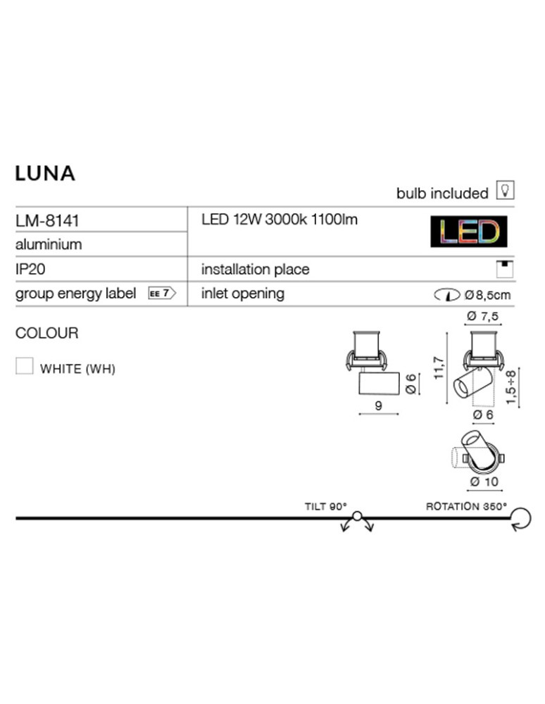 Recessed ceiling spotlights - Azzardo LUNA 15W DIMM WHITE 1xLED Recessed White/Black AZ2828 - product kolory-swiatla.pl 7