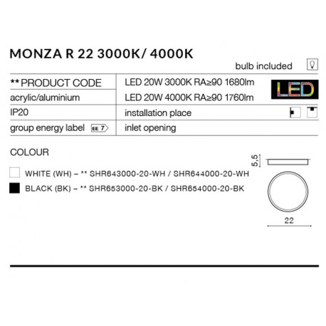 Azzardo MONZA R 22 3000K WH 1xLED Sufitowa Biały AZ2261