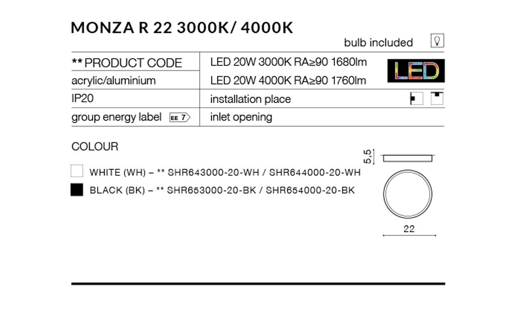 Azzardo MONZA R 22 3000K BK 1xLED Ceiling Light Black AZ2263