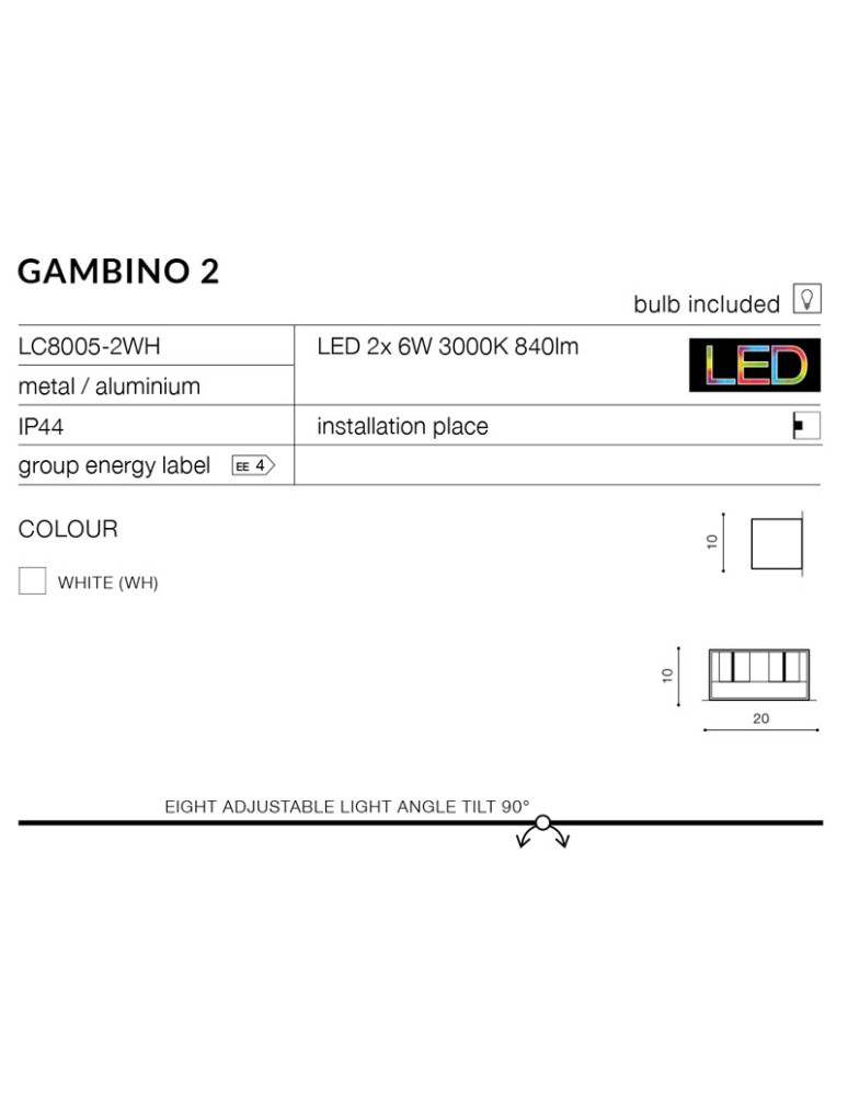 Wall lamps - Azzardo GAMBINO 2 WHITE 2xLED Wall-mounted White IP54 AZ1882 - product kolory-swiatla.pl 3