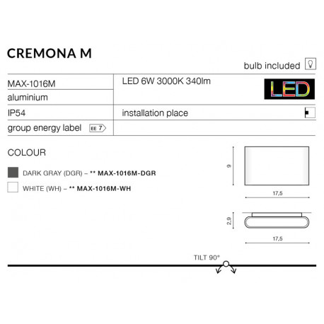 Azzardo CREMONA M WHITE 1xLED Wall-mounted White IP54 AZ2181