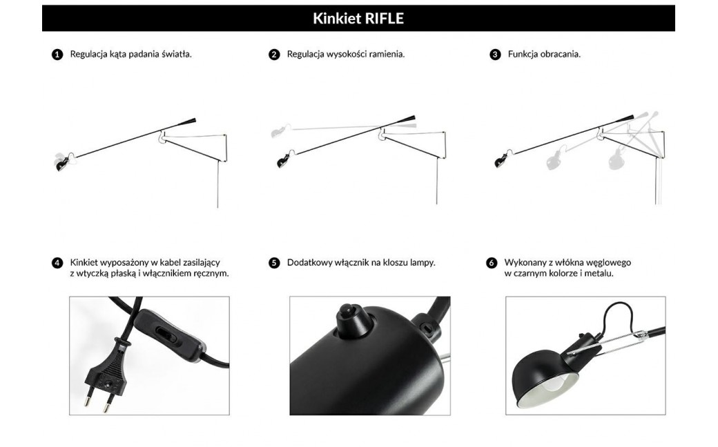 King Home Lampa ścienna RIFLE czarna - włókno węglowe, metal (JB7016L/MSE010400149)