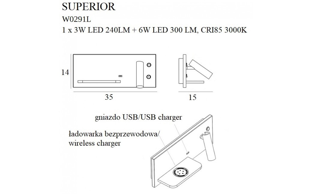 Maxlight Superior 2xLED 3W+6W 3000K Kinkiet z Gniazdem USB I Ładowarką Indukcyjną Biały W0291L