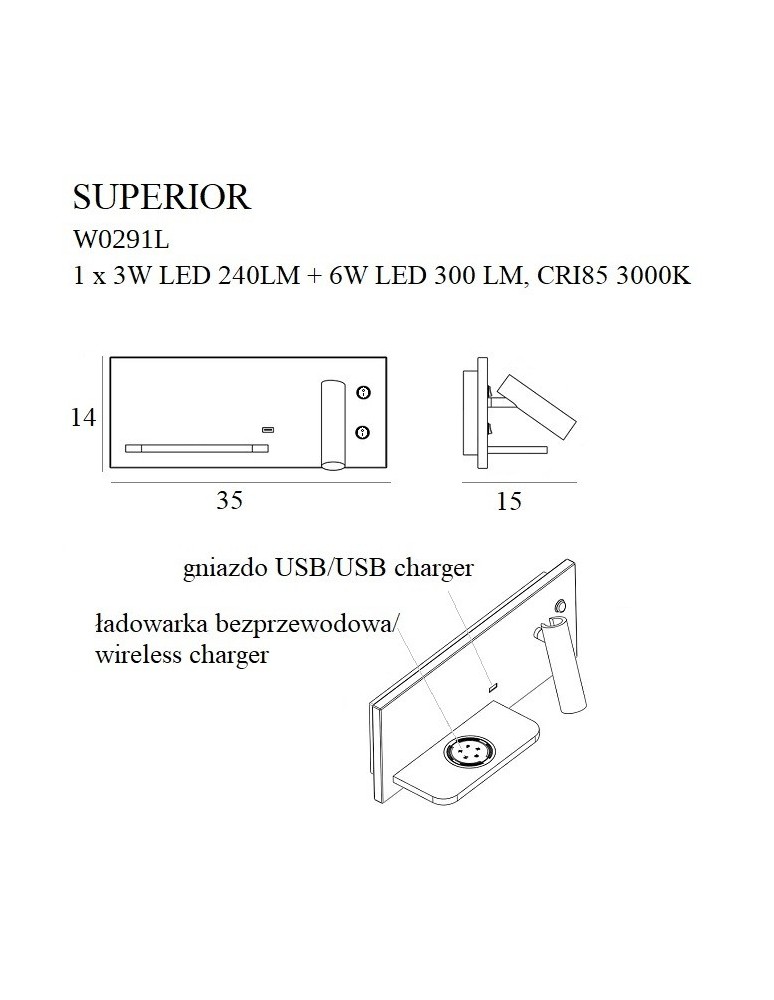 Reading wall lamps - Maxlight Superior wall lamp with USB socket and Induction charger White W0291L - product kolory-swiatla.pl 10