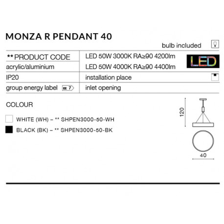 Azzardo MONZA R PENDANT 40 4000K BK 1xLED Ceiling Light Black AZ2496
