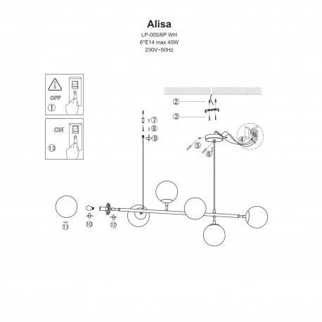 Light Prestige Alisa lampa wisząca białe kulki LP-005/6P WH 6xE14 złoty / biały
