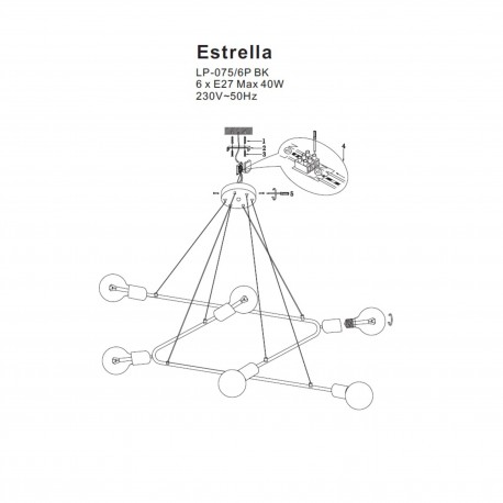 Light Prestige Estrella 6 wisząca czarna E27 czarny + złoty LP-075/6P BK