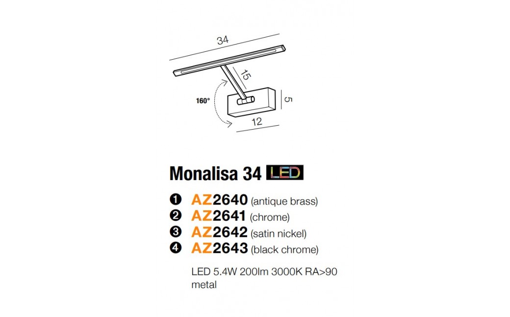 Azzardo MONALISA 34 BLACK CHROME 1xLED Ścienna Czarny/Chrom AZ2643