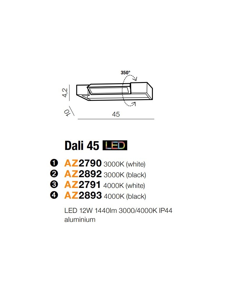 Bathroom wall lamps - Azzardo DALI 45 4000K BLACK 1xLED Wall Mounted Black IP44 AZ2893 - product kolory-swiatla.pl 4