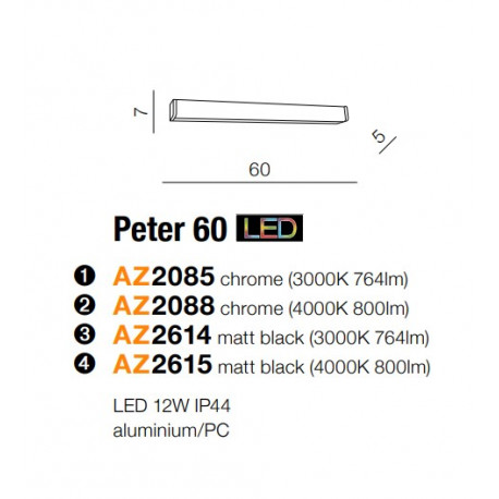 Azzardo PETER 60 3000 MATT BLACK 1xLED Ścienna Czarny Mat IP44 AZ2614