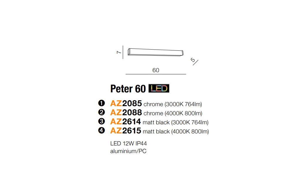 Azzardo PETER 60 4000 MATT BLACK 1xLED Ścienna Czarny Mat IP44 AZ2615