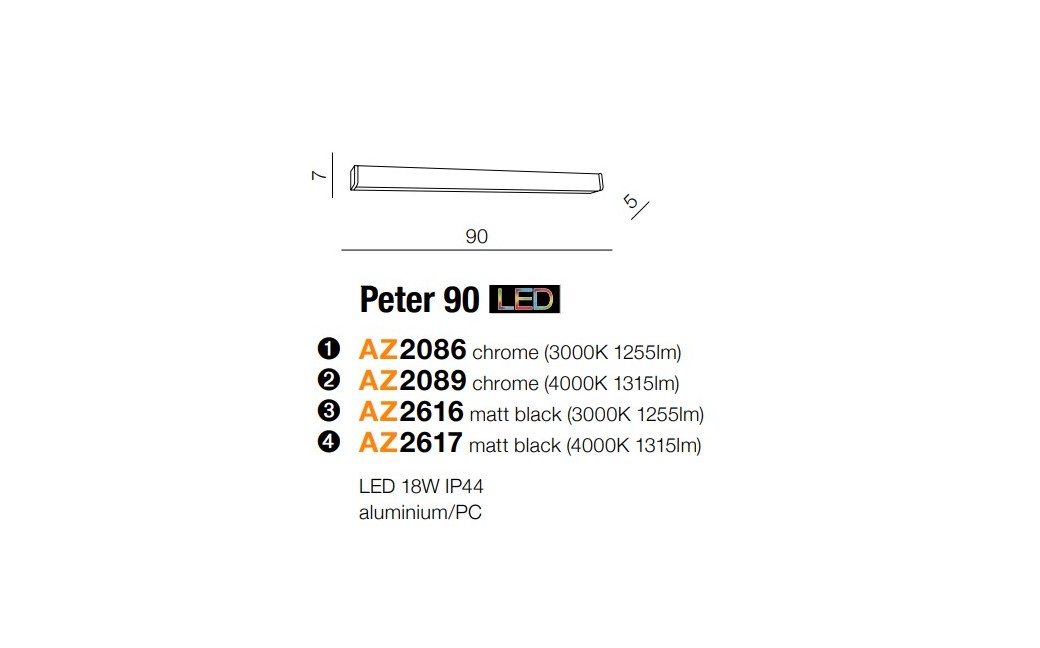 Azzardo PETER 90 3000 MATT BLACK 1xLED Ścienna Czarny Mat IP44 AZ2616