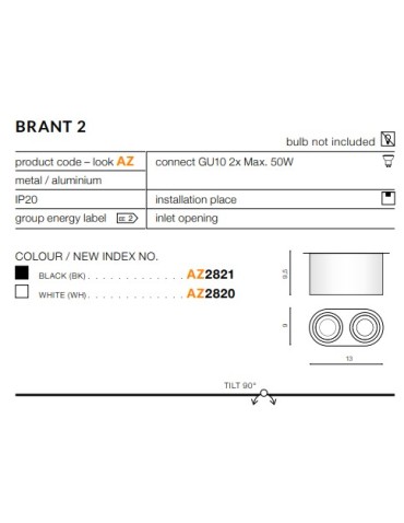Azzardo BRANT 2 WHITE 2xGU10 Natynkowa Biały AZ2820 - produkt 2