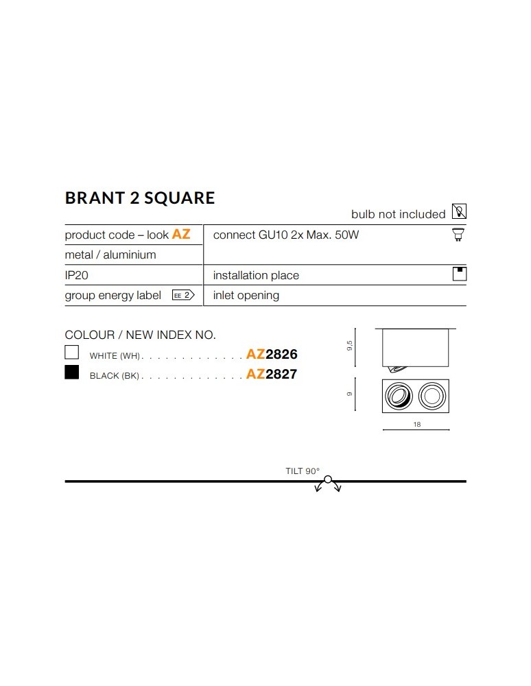 Ceiling luminaires for replaceable light source - Azzardo BRANT 2 SQUARE BLACK 2xGU10 Surface Mounted Black AZ2827 - product kolory-swiatla.pl 2