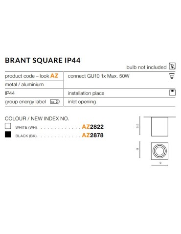 Azzardo BRANT SQUARE IP44 WHITE 1xGU10 Natynkowa Biały IP44 AZ2822 - produkt 2