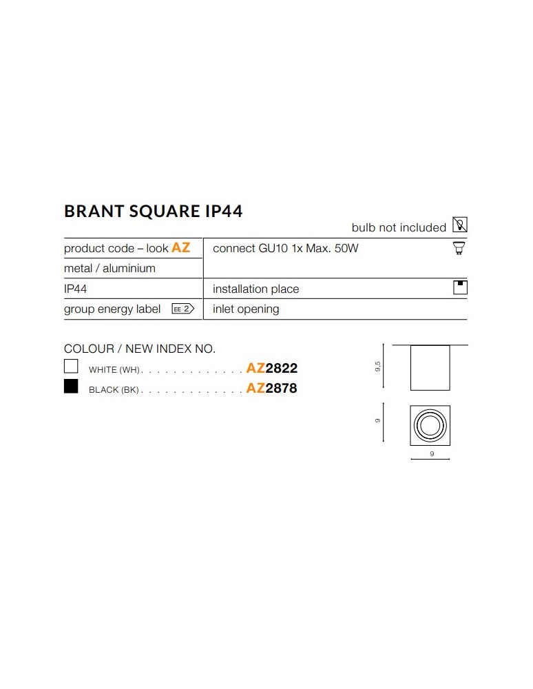 Hermetic ceiling luminaires - Azzardo BRANT SQUARE IP44 WHITE 1xGU10 Surface Mounted White IP44 AZ2822 - product kolory-swiatla.pl 2